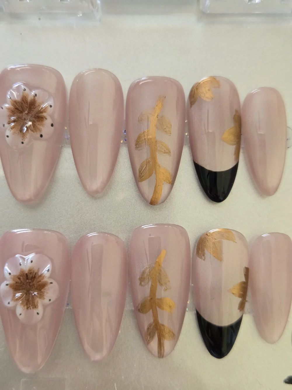 Blush Pink Press-On Nails with Gold Floral Accents
